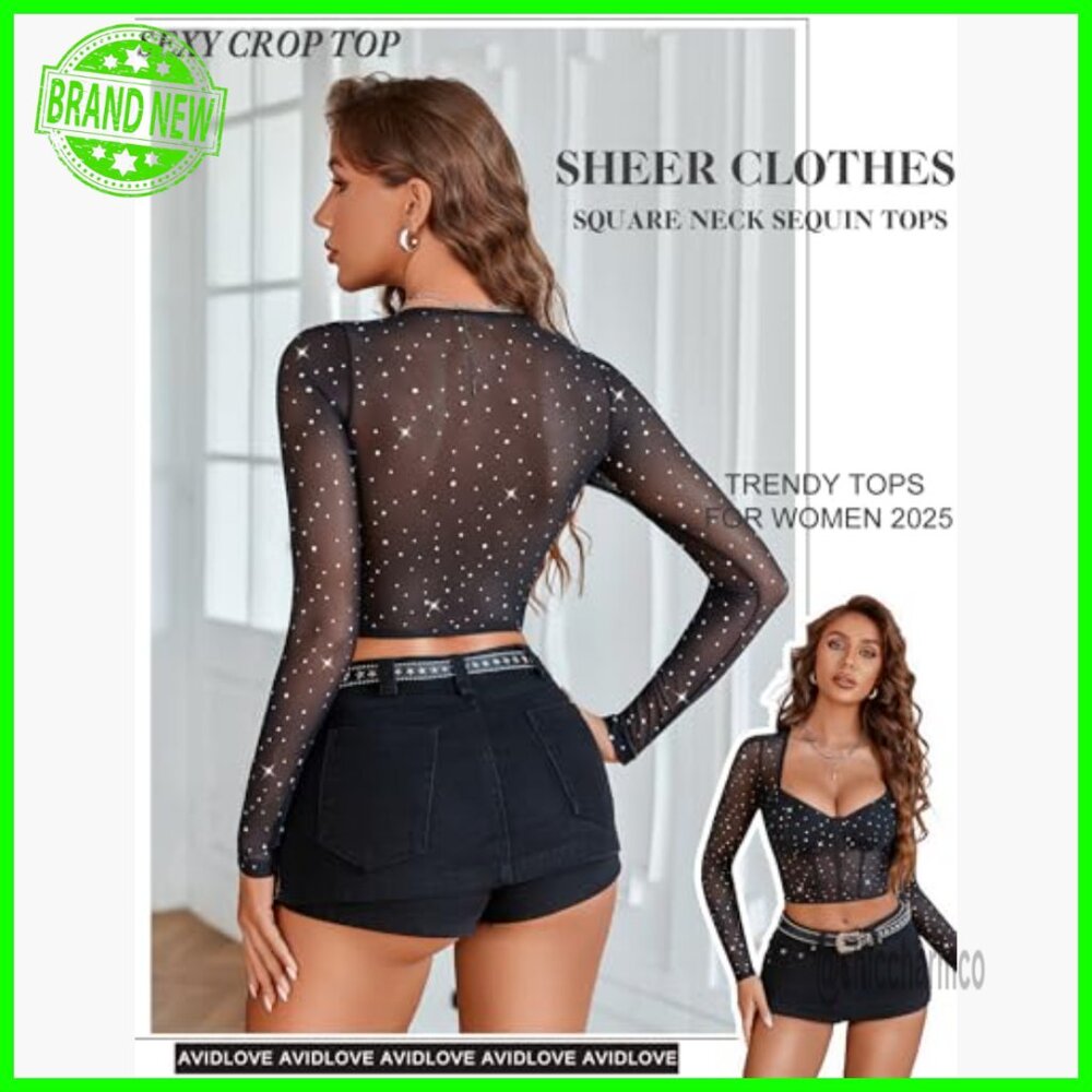 Long Sleeve Mesh Crop Top with Sparkle Square Neck Y2K Style - Picture 4 of 7